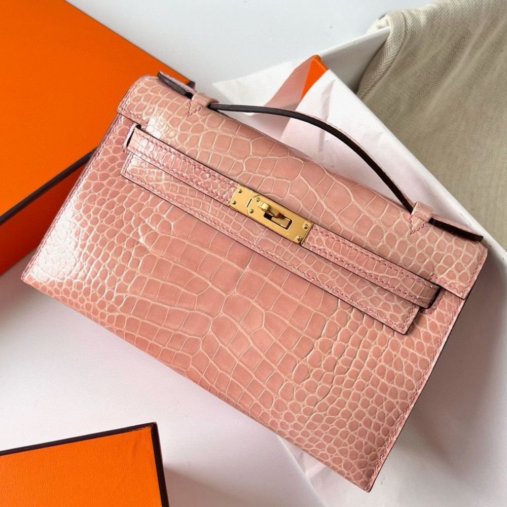 High Quality Replica Hermes Kelly Pochette Handmade Bag In Nude Shiny Alligator Leather $ 4889 USD